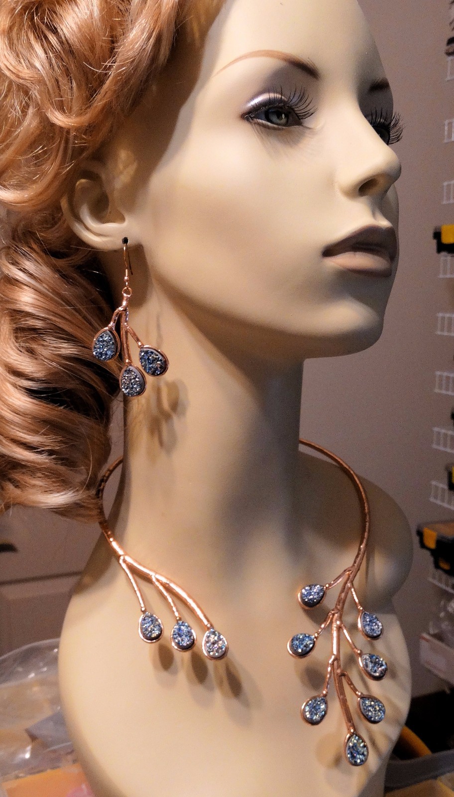 ONE of a KIND Blue Druzy STATEMENT Necklace Earrings & Bracelet Set ROSE GOLD