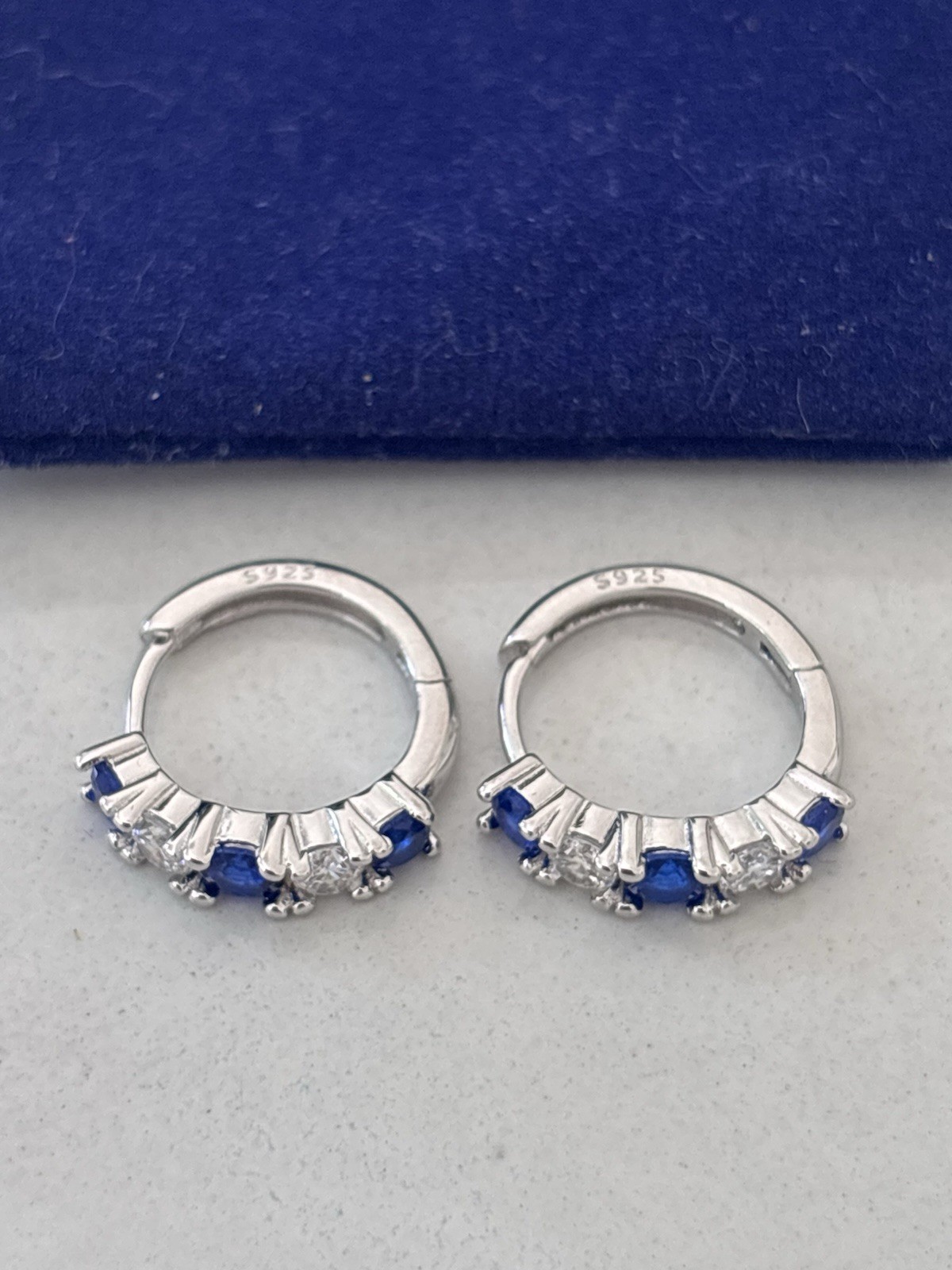 Sterling Silver Blue Sapphire CZ Huggie Hoop Earrings 925 Cubic Zirconia Gift