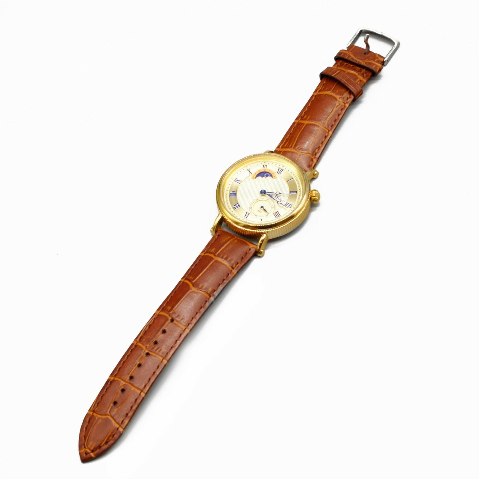 Gentleman’s Friend Yellow Gold Watch Brown Leather Strap Classic Luxury Style