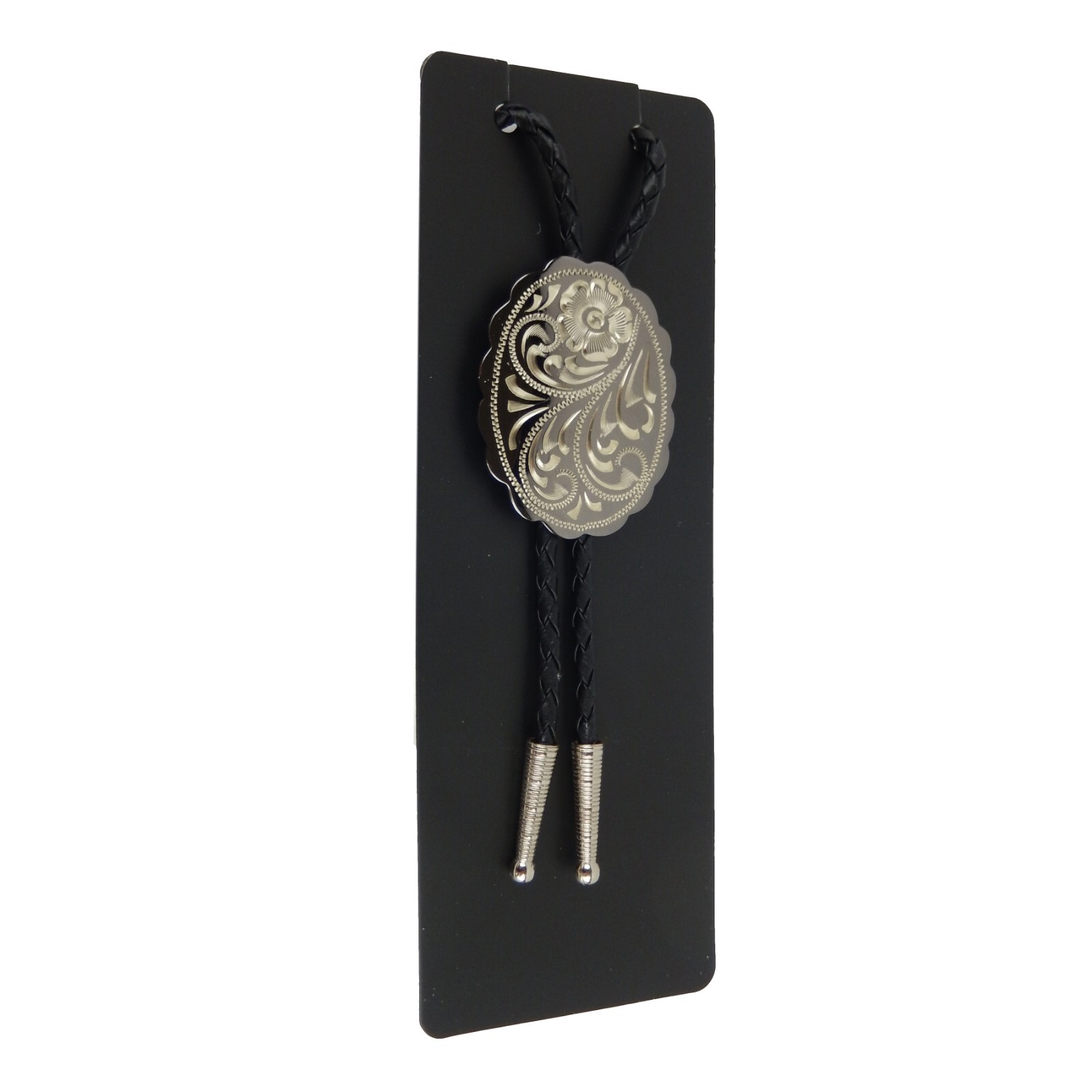 Engraved Floral Bolo Tie Adjustable 36″ Cord USA Made Western German Silver