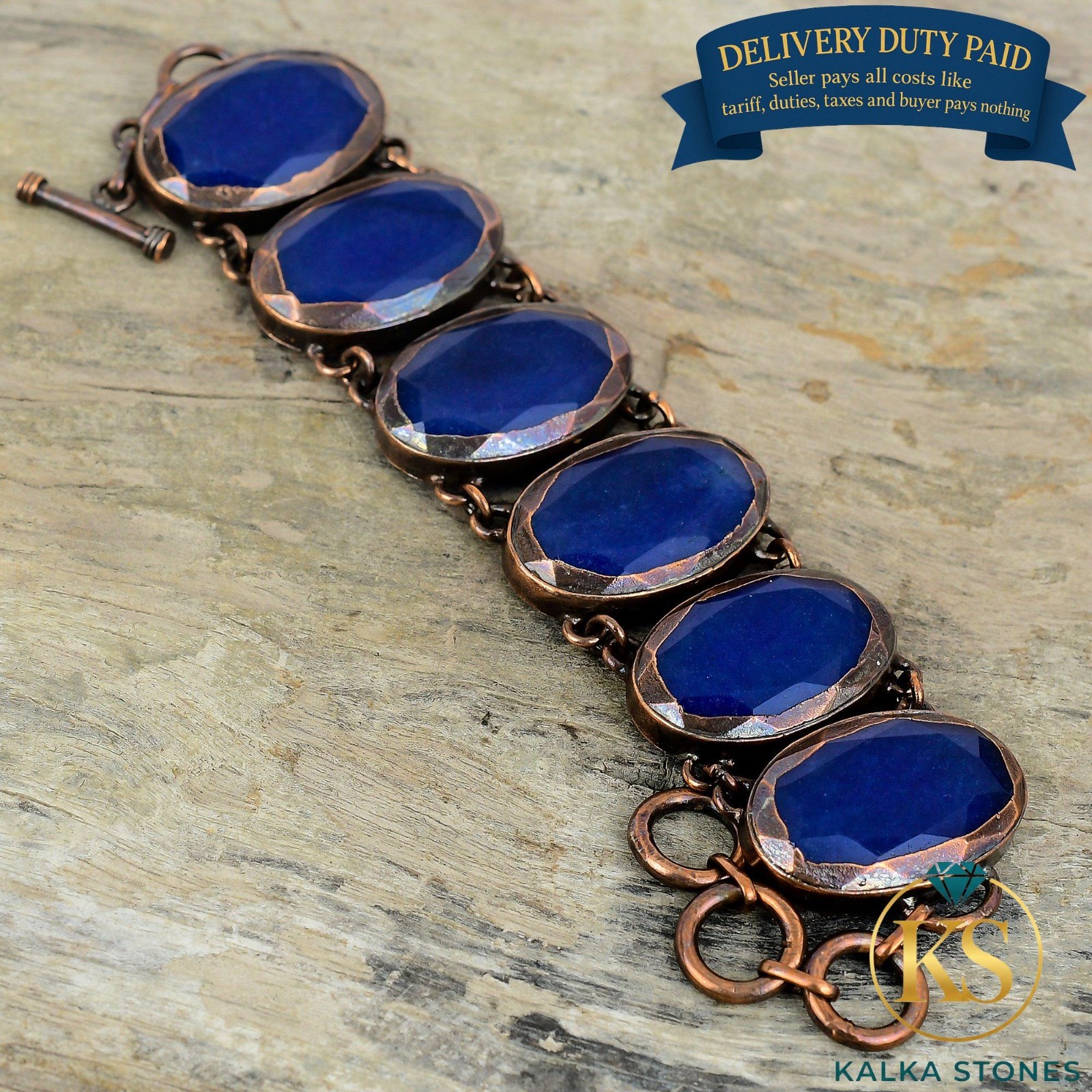Copper Blue Saphire Stone New Chain Wedding Electroformed Bezel Bracelet Jewelry