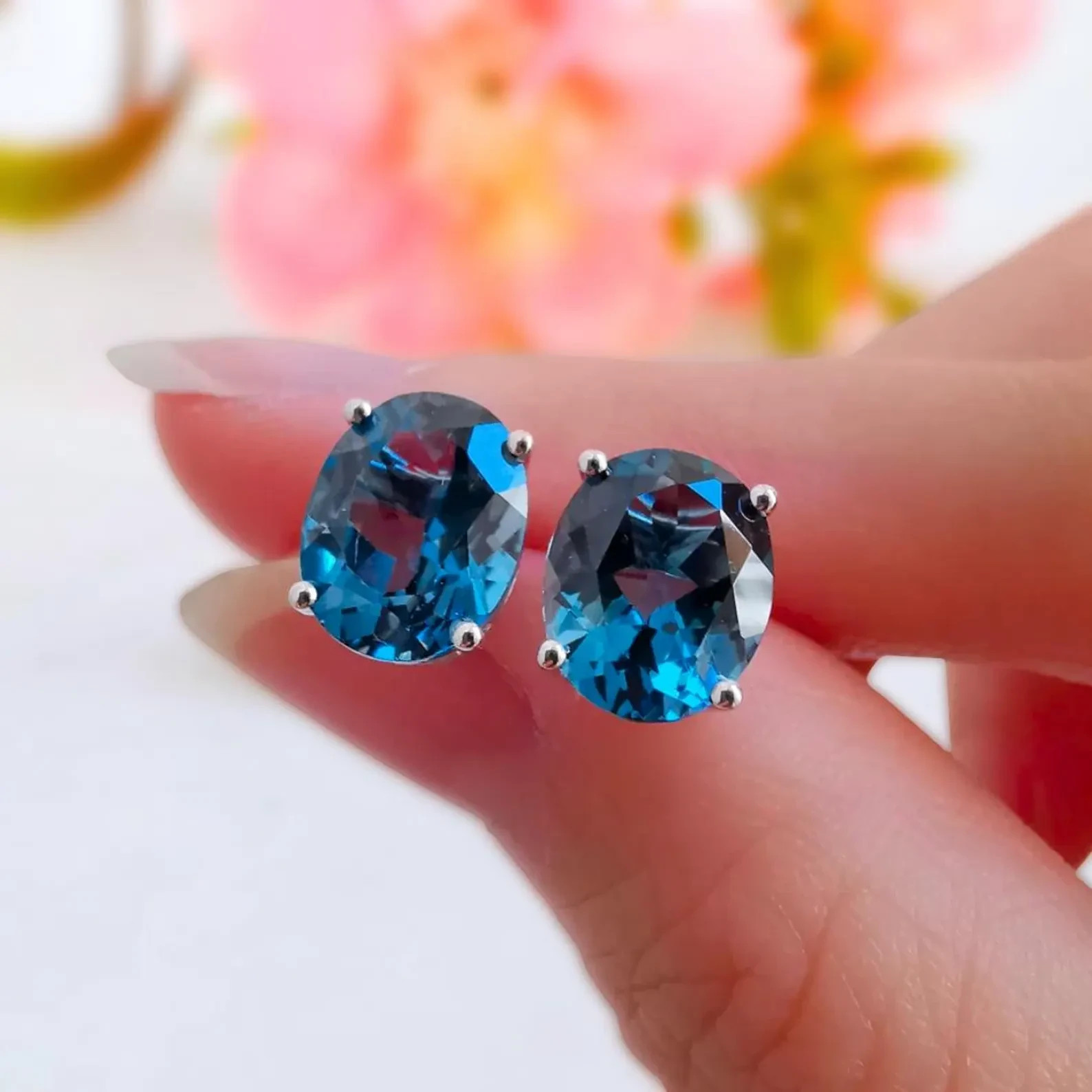 Natural London Blue Topaz Stud Earrings 9k white gold earrings gifts for her