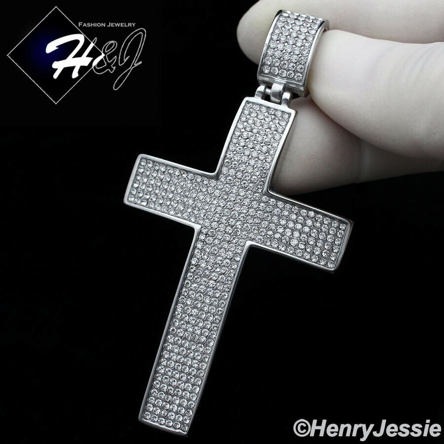 18″-40″MEN Stainless Steel 5mm Silver Box Link Chain ICY CZ Cross Pendant*IP21