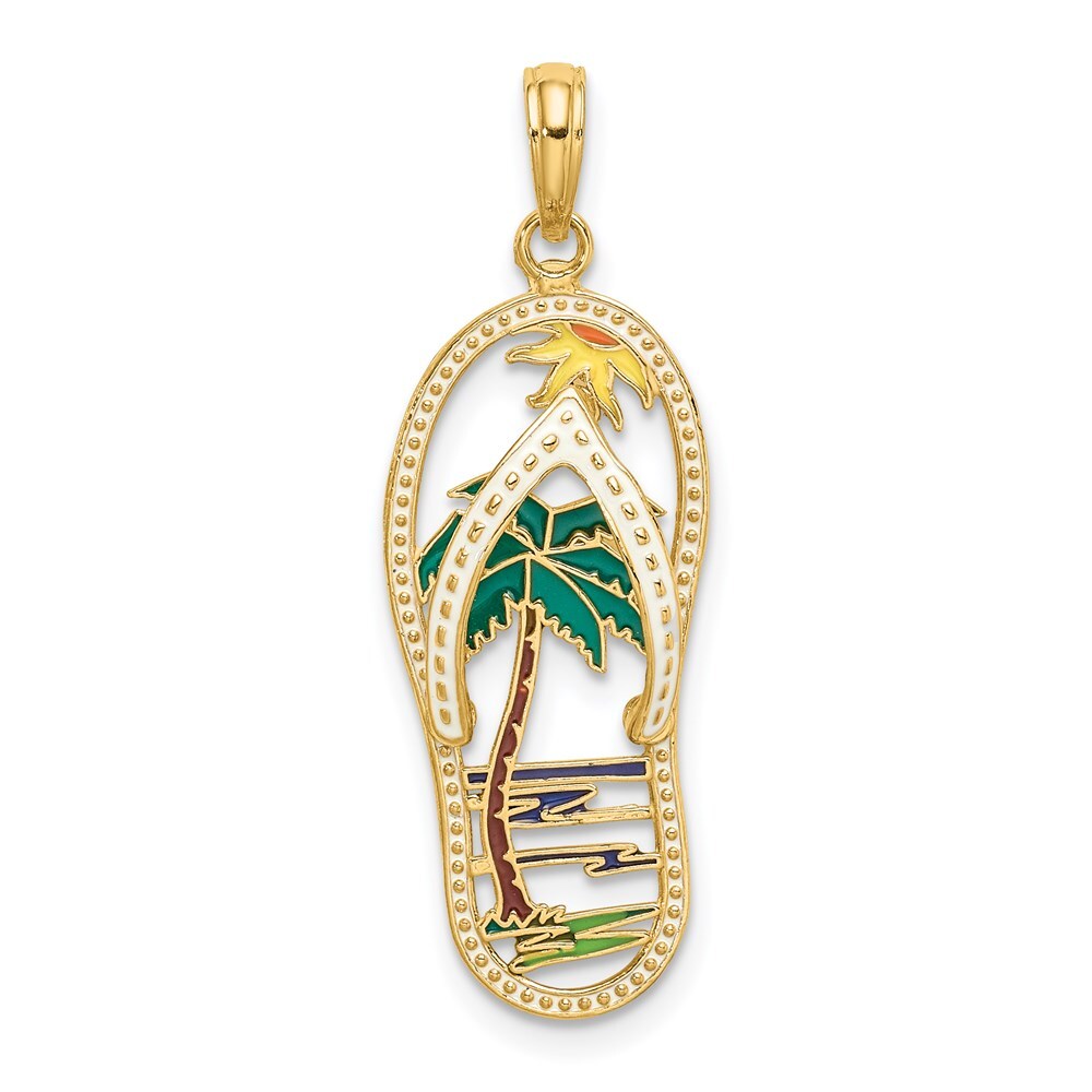14k Gold Enamel Palm Tree Flip-Flop Charm Pendant 1.78g (L- 31.8mm, W-11.65mm)