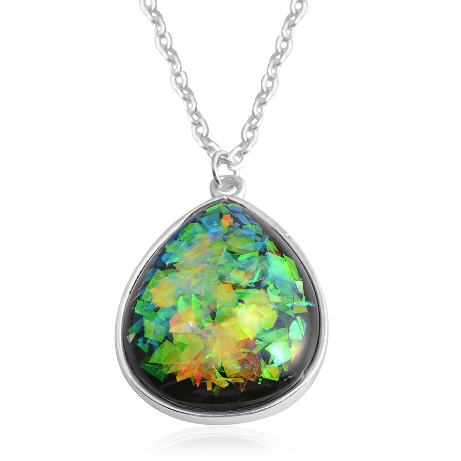 Designer Inspired Black Multi-Color Lucite Silvertone Pendant Necklace 18-20″