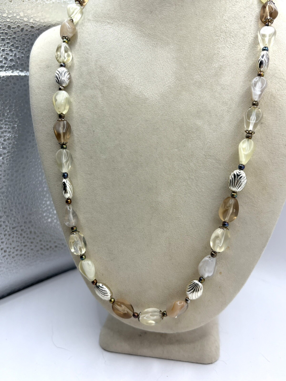 Multi Colored Neutral Beaded Necklace Cream, Champagne & Blush Silvertone Metal
