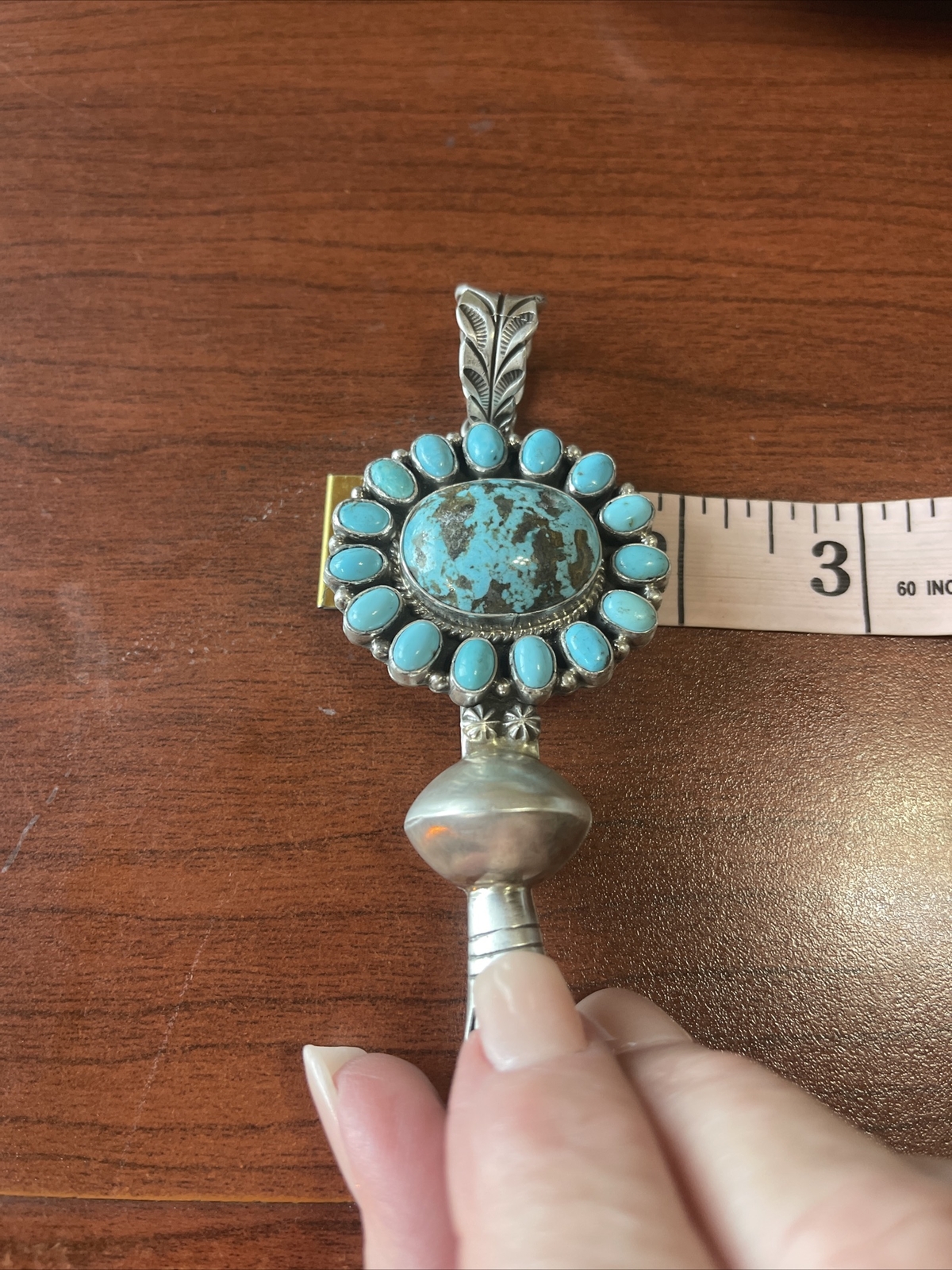 NAVAJO ~SS ~4 1/2 IN LONG ~ KINGMAN TURQUOISE ~SQUASH PENDANT~GERALDINE JAMES