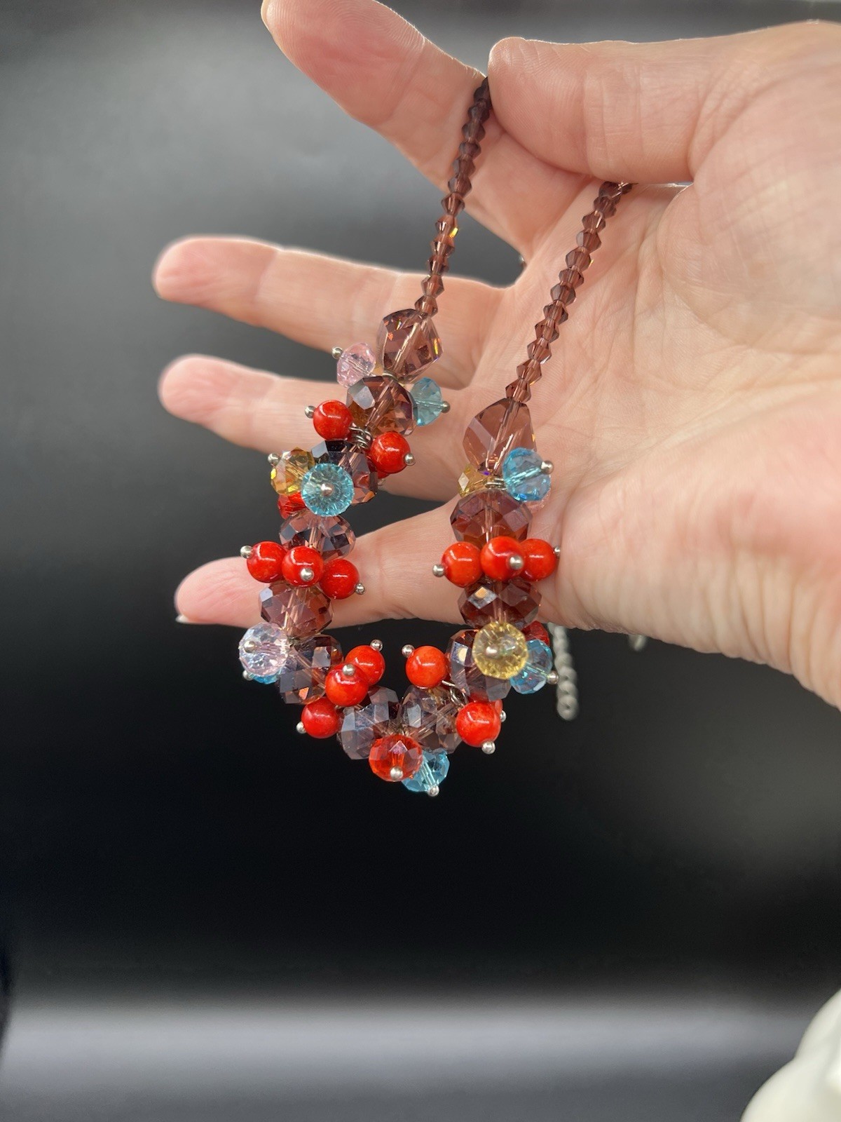 Faceted Glass Bead Cluster Necklace, 17”, 2” Extender