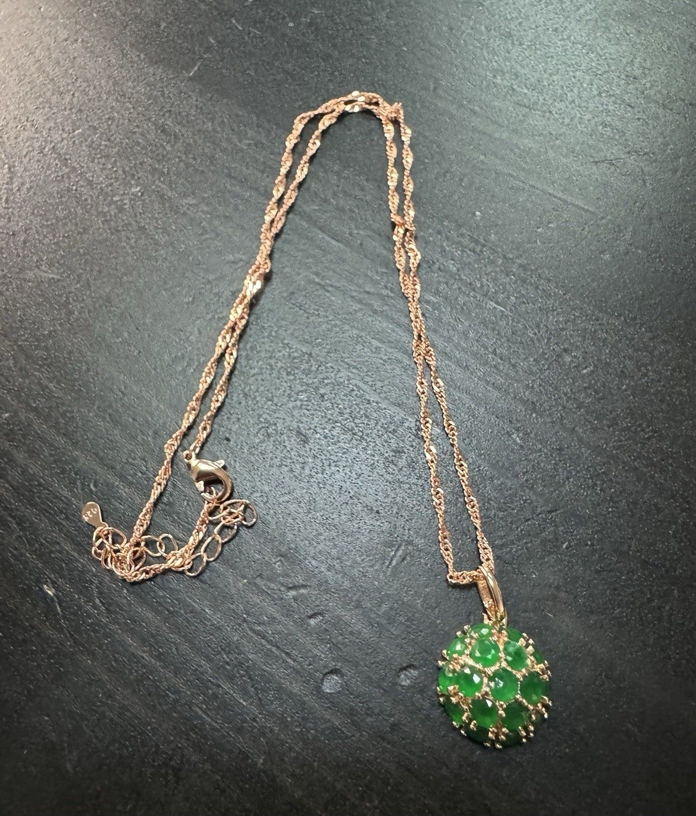 585 14K RG Stamped Rolled Gold Cluster Green Emerald Pendant 19” Necklace Chain