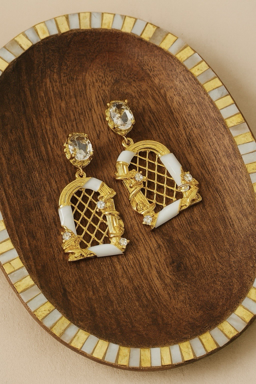 Museum Lattice Revival Antique Earrings Arch Window Court Palace Gold Art CZ VTG