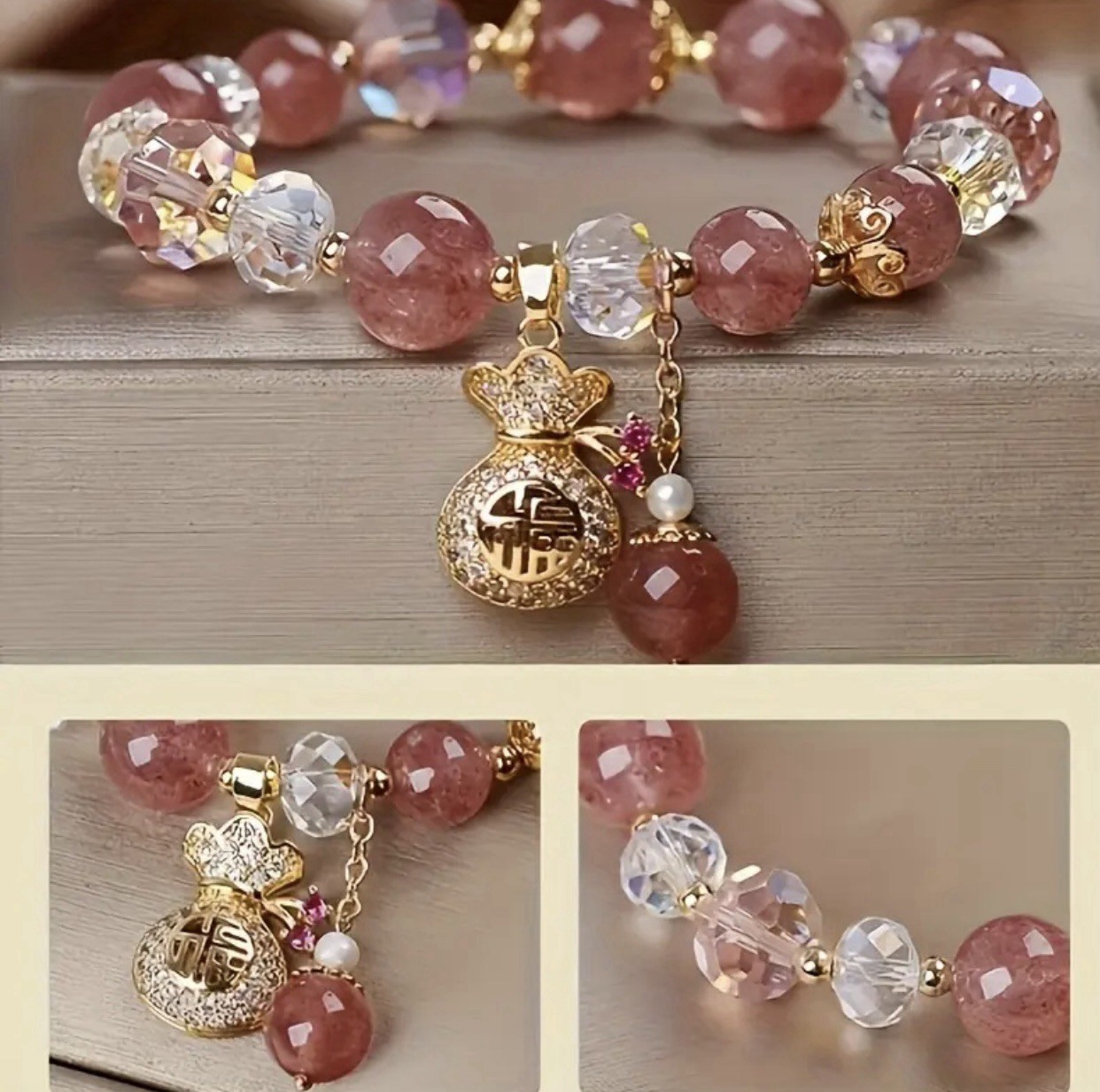 Fortune Bag Pendant Pink Beaded Bracelet # 0014 Velvet Box Included.