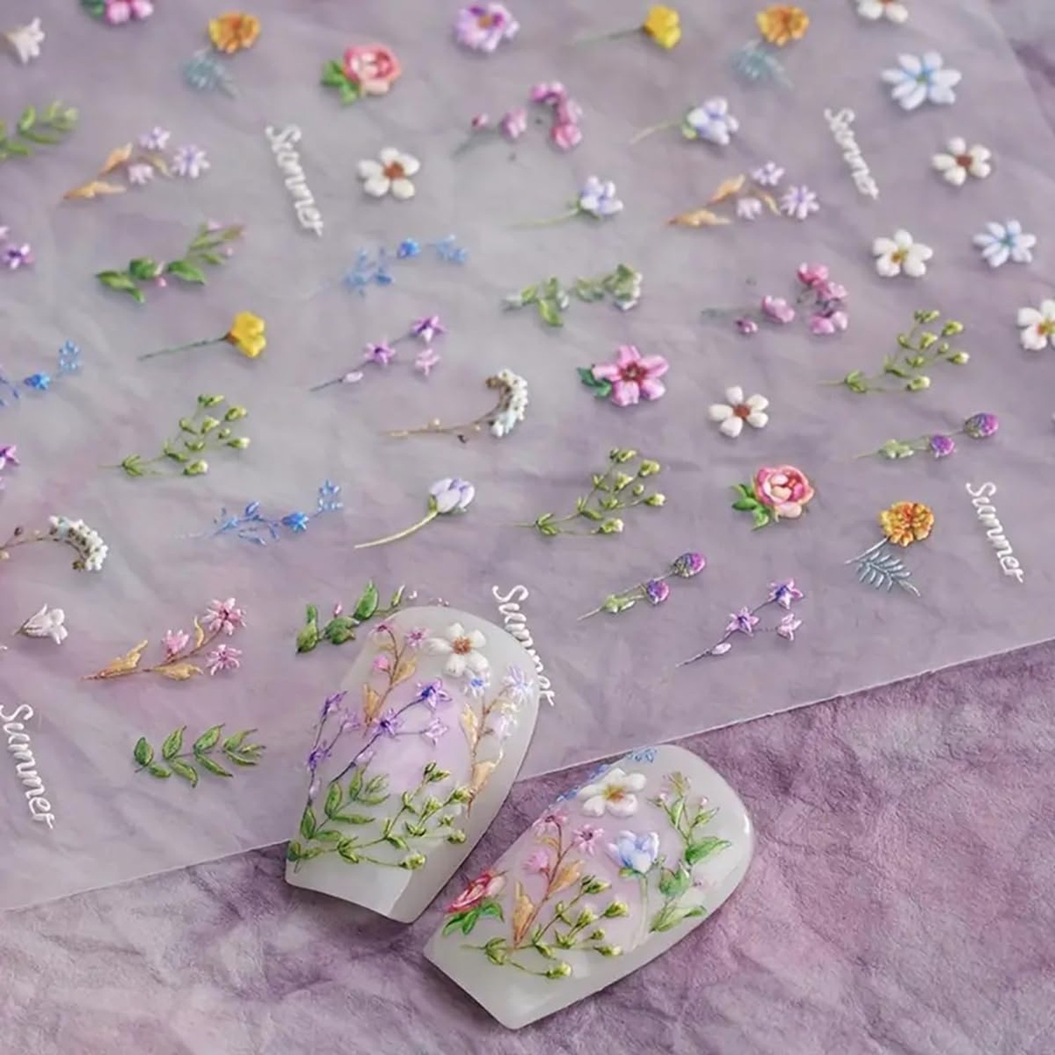Flower Nail Stickers Summer Floral Leaf Plant 5D Embossed Nail Decals Spring …