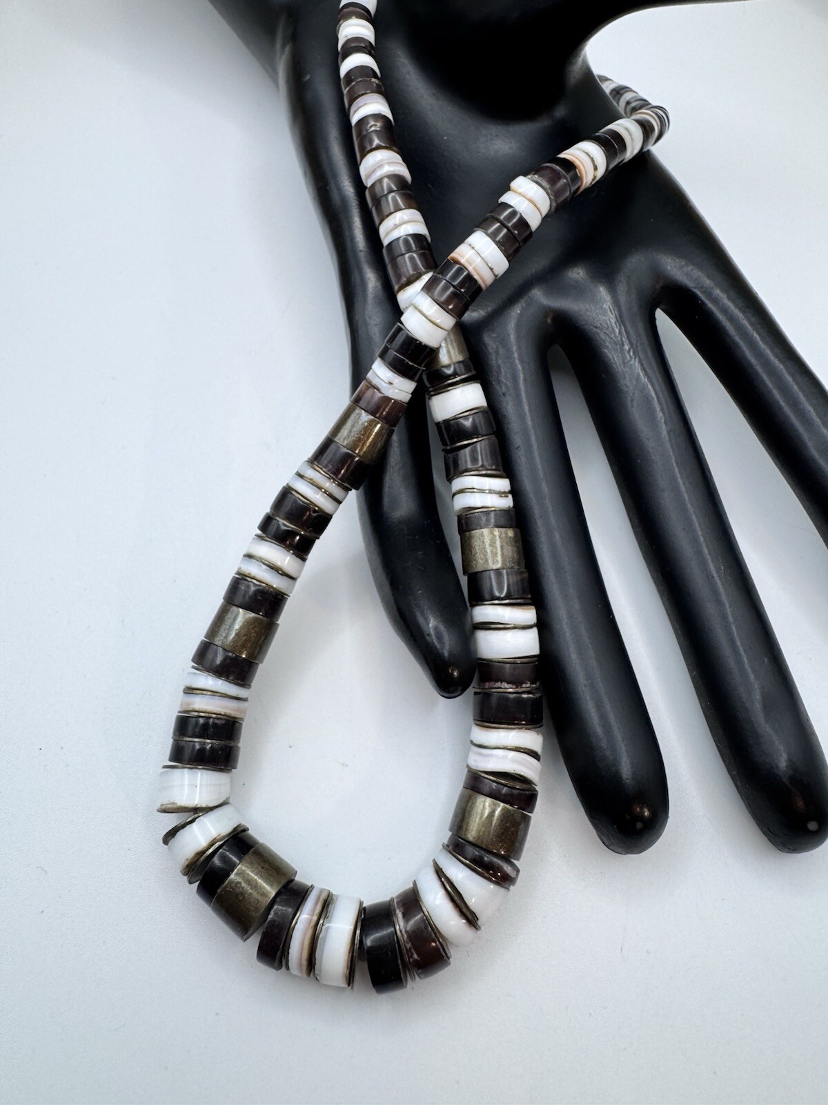 Shell Necklace-18” White, Brown & Black Beads Barrel Closure Boho