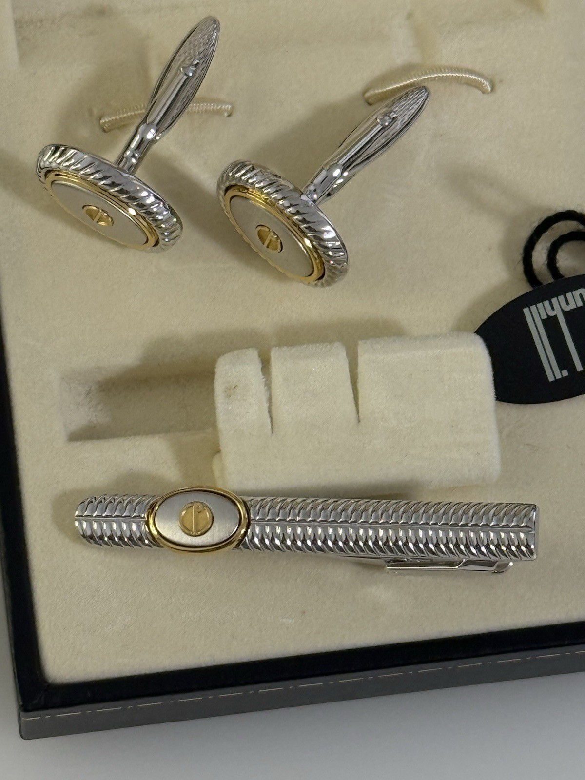 Dunhill Cufflinks & Tie Clip Set Two-Tone Silver Gold Tone Boxed