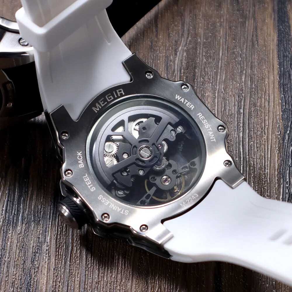 MEGIR Men’s Skeleton Dial Automatic Mechanical Waterproof Watch Silicone Strap