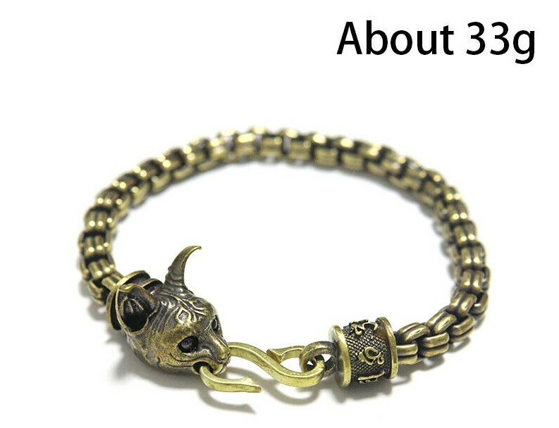 Bastet w/ Garnet Eyes Brass Ancient Egyptian Cat Deity Golden Chain Bracelet