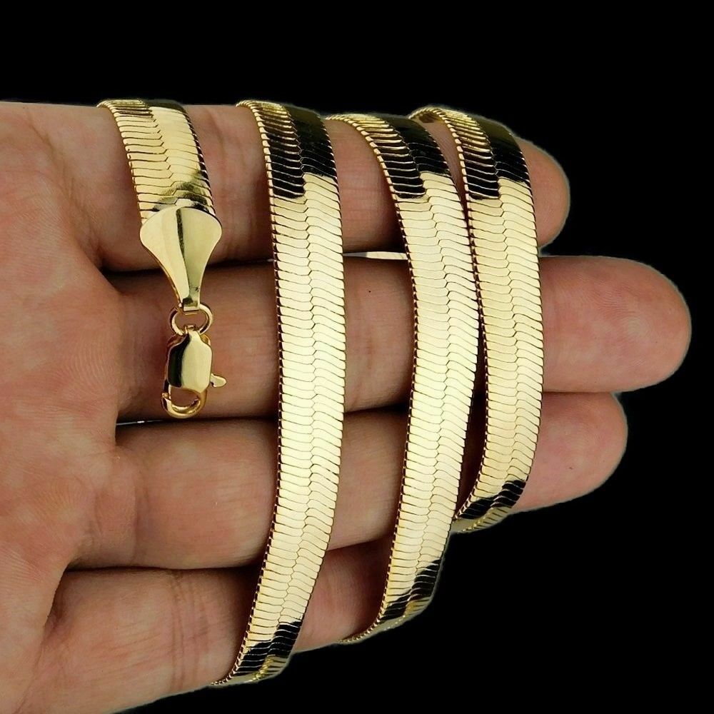 Mens 14K Gold Plated Herringbone Chain Flat Hip Hop Necklace 20″-30″ 4MM-14MM