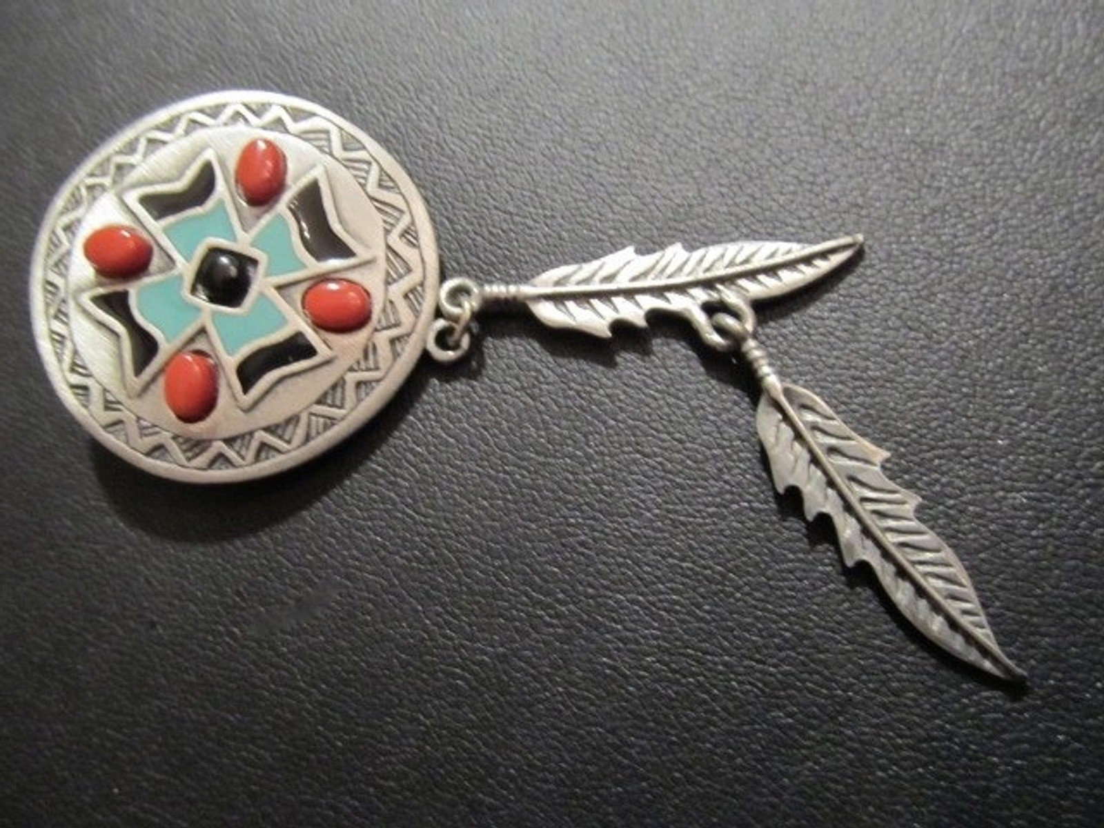 Vintage JJ Jonette Artifacts Pewter Tone Faux Coral Hanging Feathers PIN