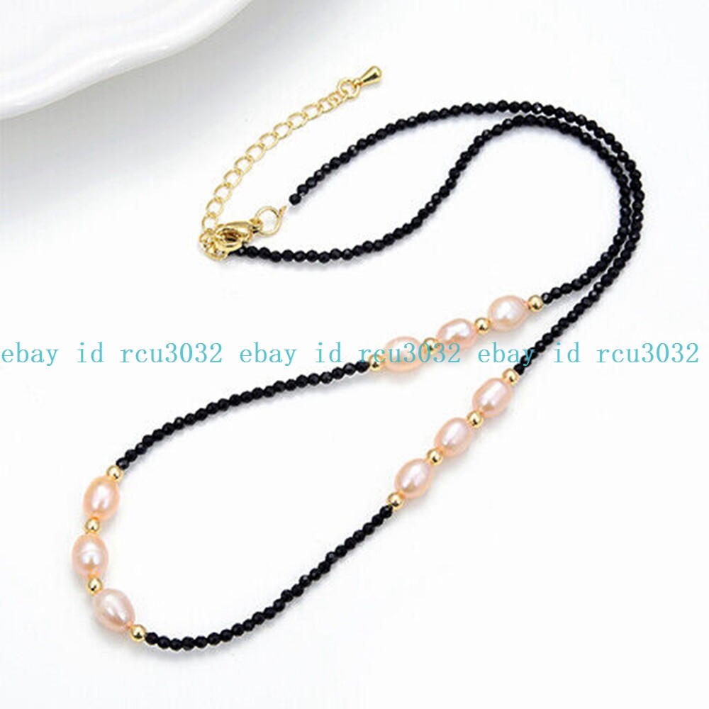 Faceted 3mm Round Black Spinel 8-9mm Natural Freshwater Pearl Pendant Necklace
