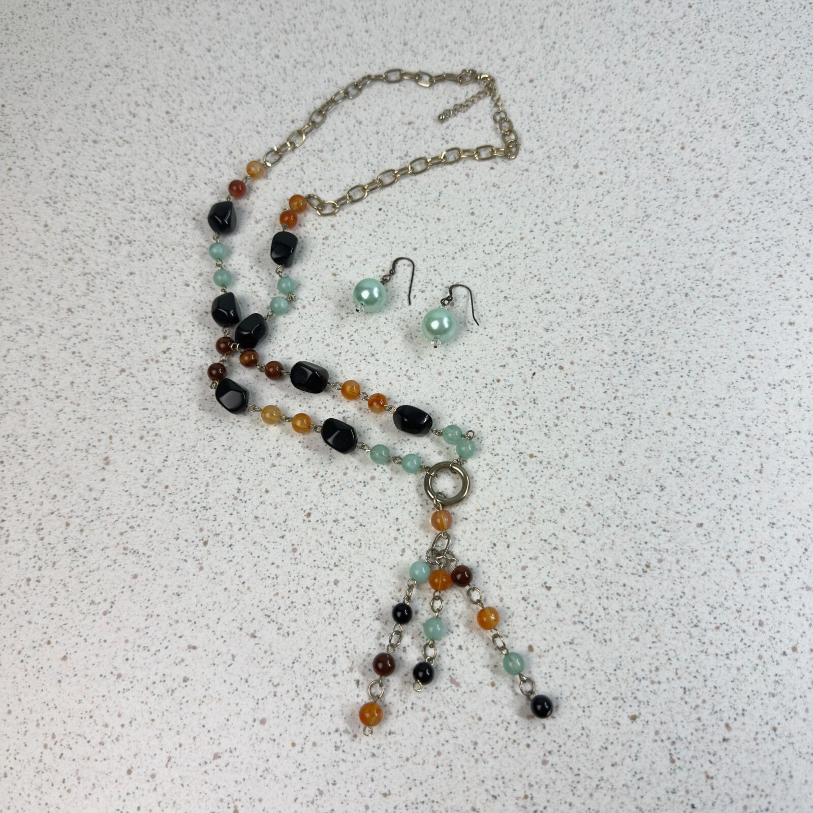 Multi Color Black Amber Brown Blue Stone Beaded Drop Dangle Necklace Earring Set