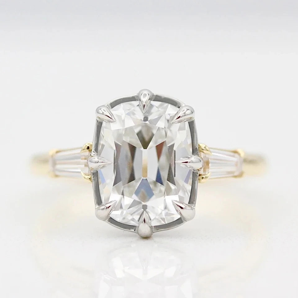 Georgian Elongated Cushion Moissanite Engagement Ring 14K Multi-Tone Gold Plated