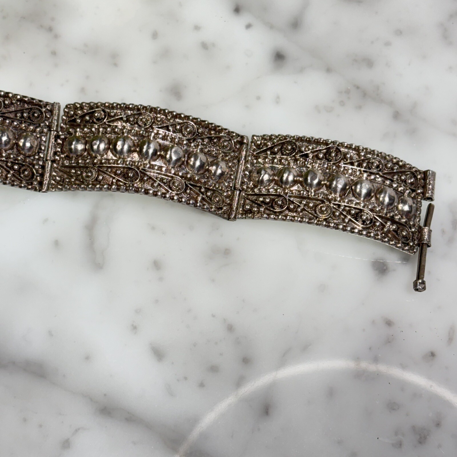 Antique Sterling Silver 935 Scroll Ball Dot Hinged Panel Bracelet 7” Long 30.0g
