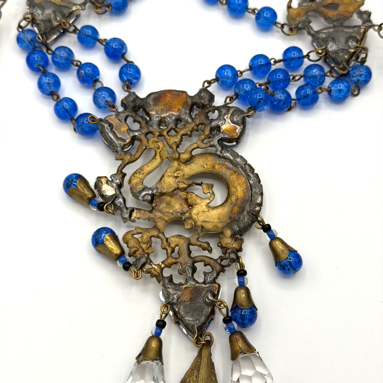 Vintage Czech Glass Necklace Blue Beads Multi Strand Dragon Motif Statement
