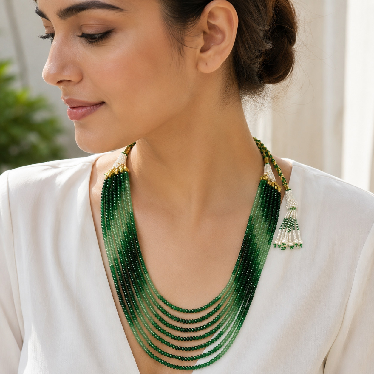 Green Shaded Quartz 7 Strand Necklace, Faceted 5mm Beaded, Adjustable Tie