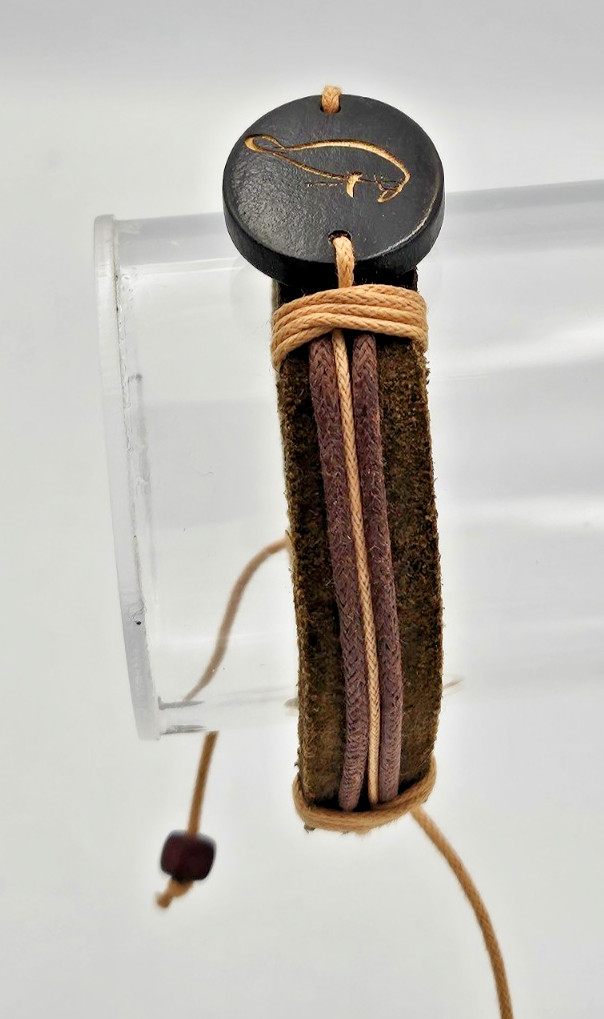 Adjustable Leather Cord Bracelet Engraved Manatee Wood Medallion Boho