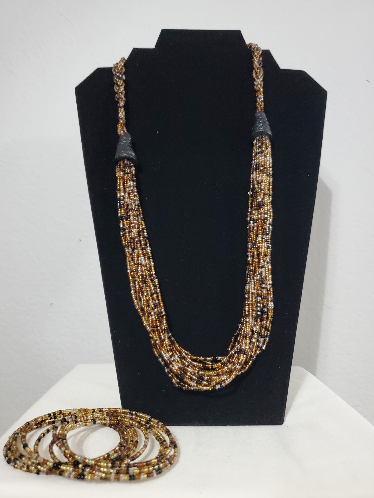 African Handmade Multi Layered Beaded Necklace With Matching Bracelet In Brown