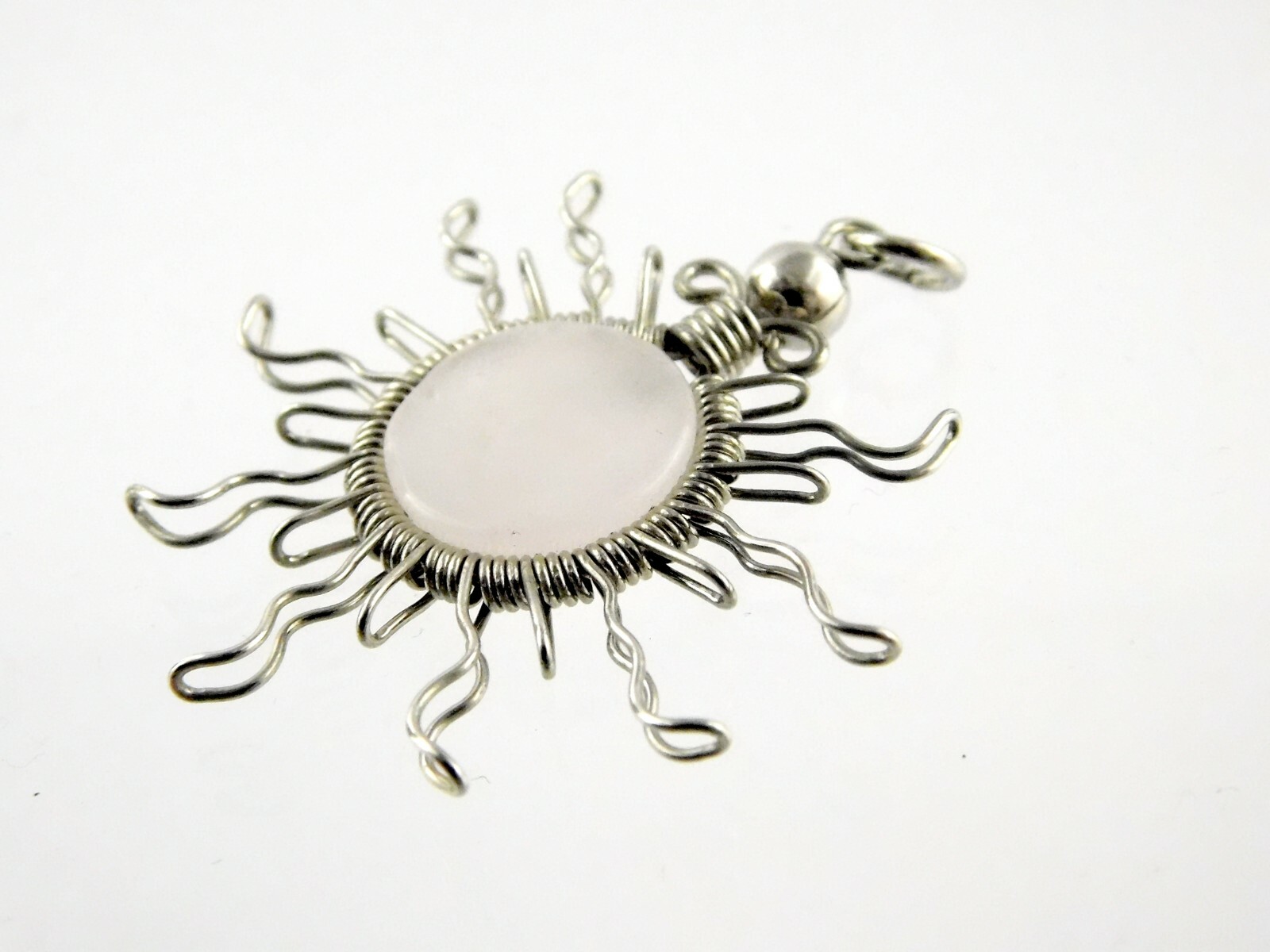 Unmarked Silvertone Metal and Wire Wrapped Quartz Sun Pendant 1.75 Inches 6g