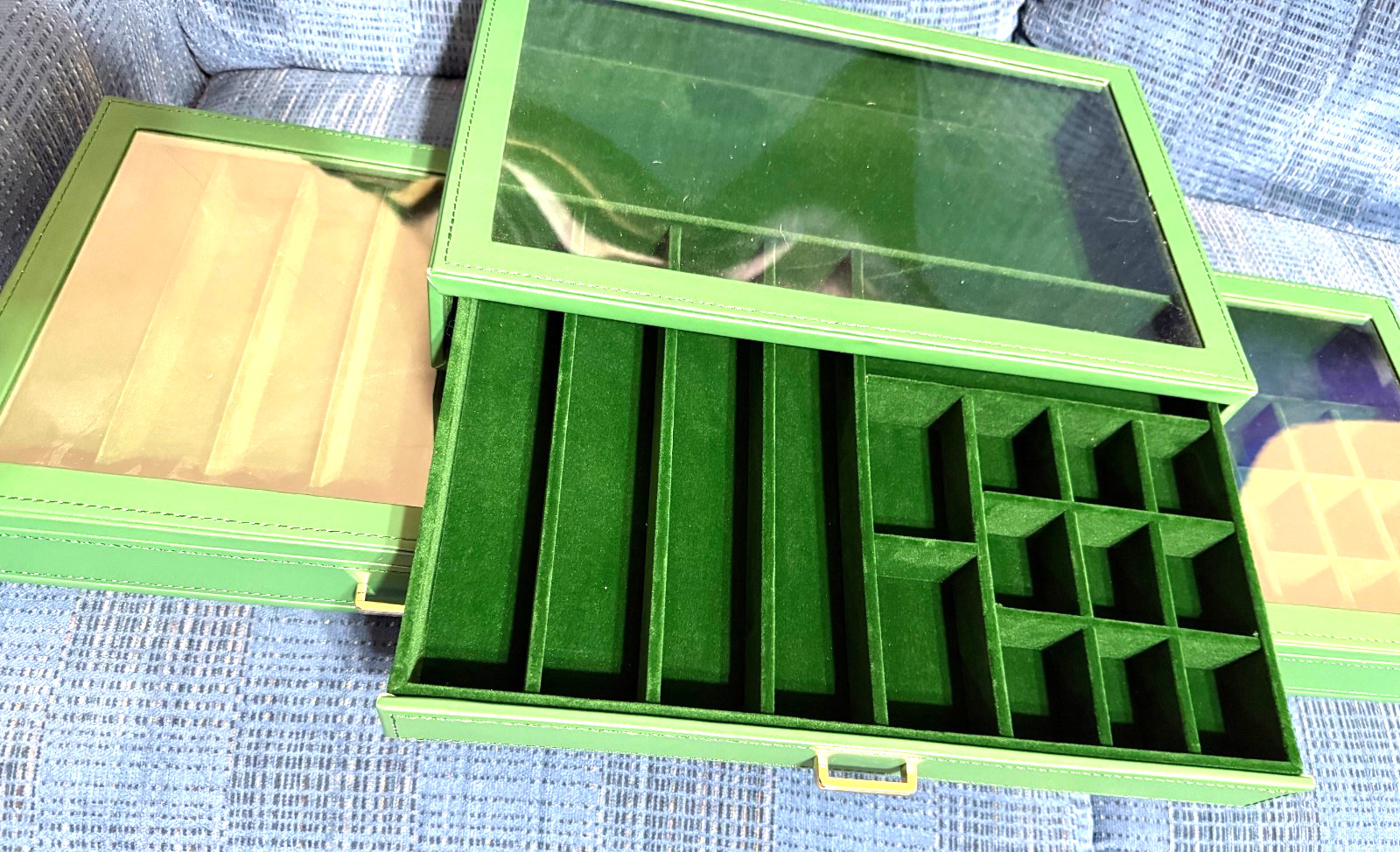 Set 3 Green Leatherette Plastic Top Jewelry Display Cases Trays Organizer Drawer