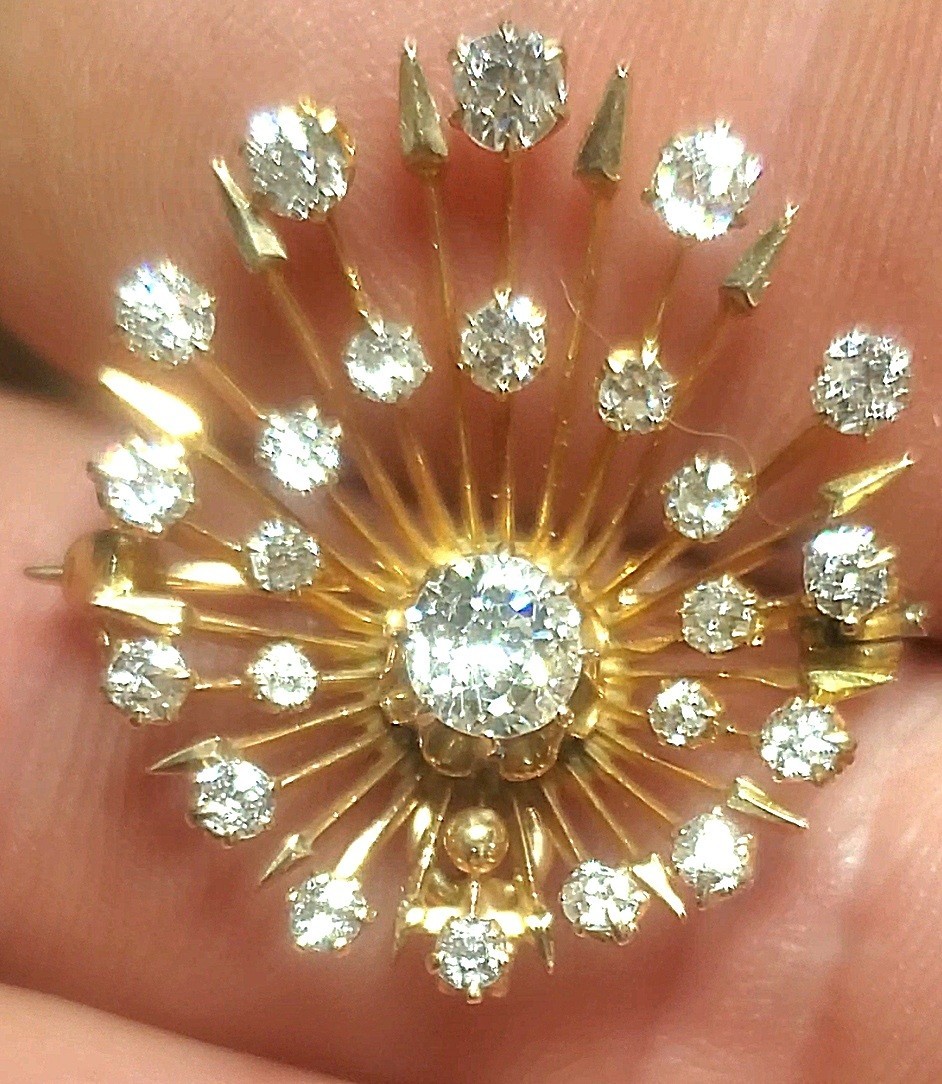 Natural Diamond Sunburst Brooch Pin Pendant 18k Yellow Gold
