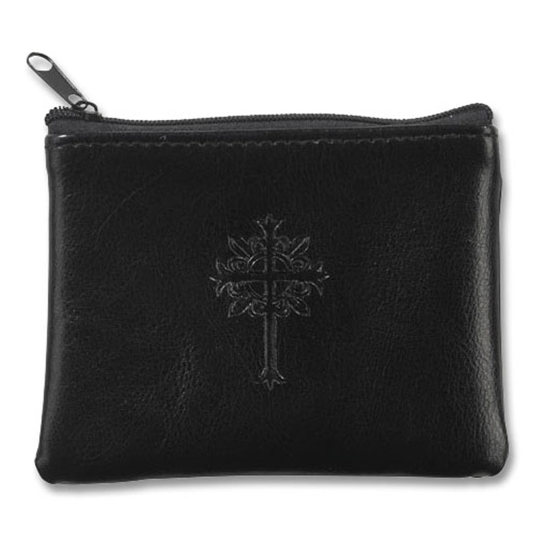 Fleur De Lis Cross on Genuine Leather Rosary Case with Zipper Closure, Black by