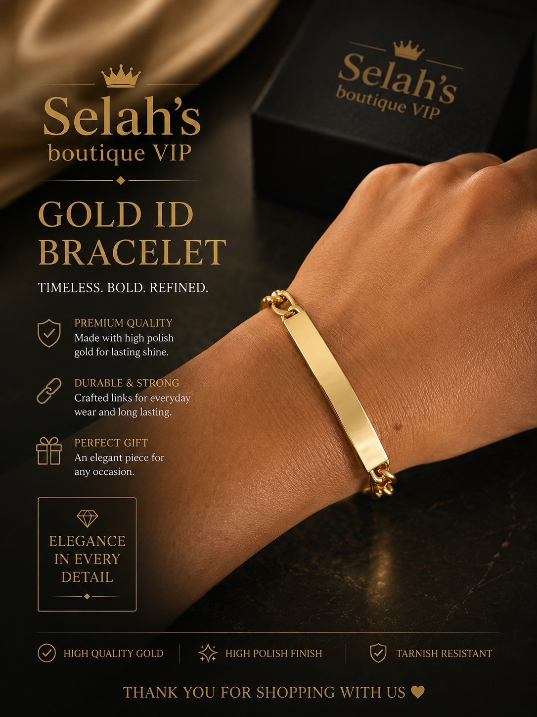 None tarnished none fade Gold tone High Polish ID Curb Link Bracelet Box Closure