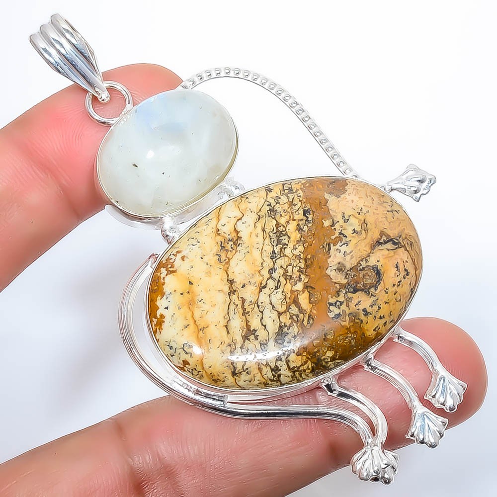 Picture Jasper – Oregon & Rainbow Moonstone 925 Silver Plated Pendant 3.12″ M