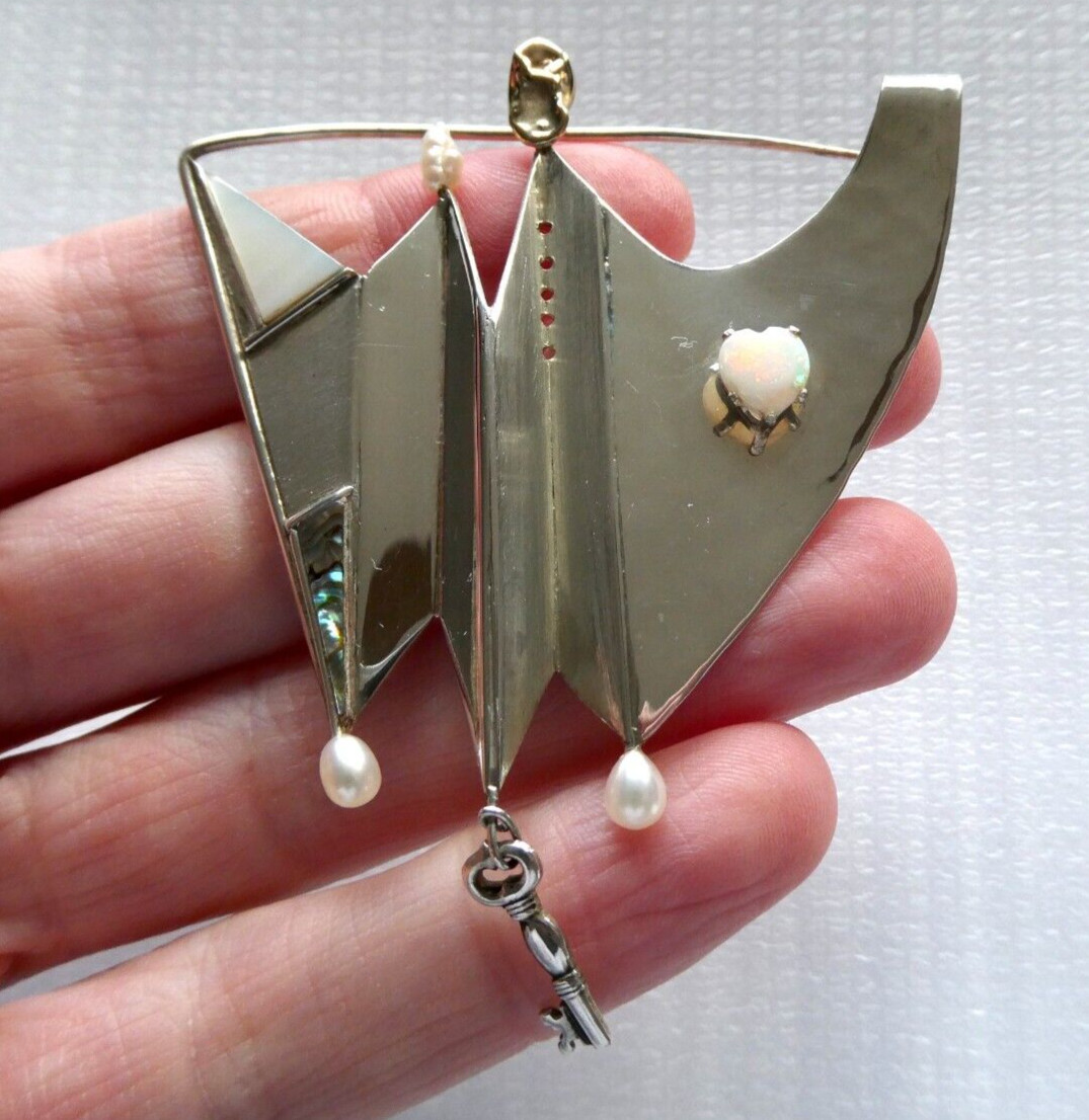 Artisan Signed Sterling Silver 14k Gold White Opal Abstract Pearl Brooch Pin 15g