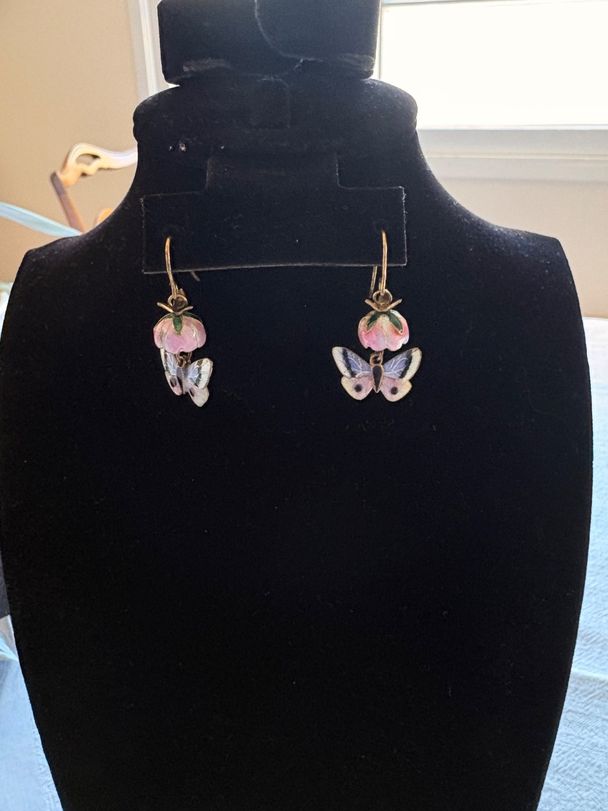 Dangly enamel sterling 925 vermeil unique butterfly in flower earrings