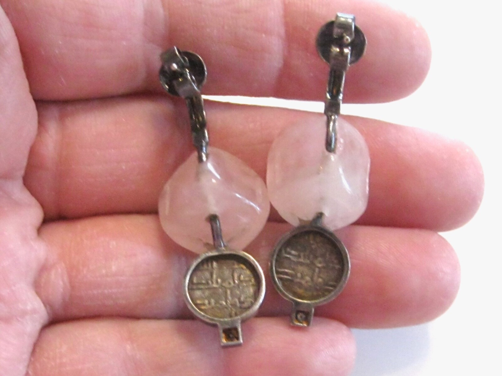 HANDMADE POST EARRINGS FLORAL CARVED ROSE QUARTZ COINS DIAMONDS MYSTERY NUMBER