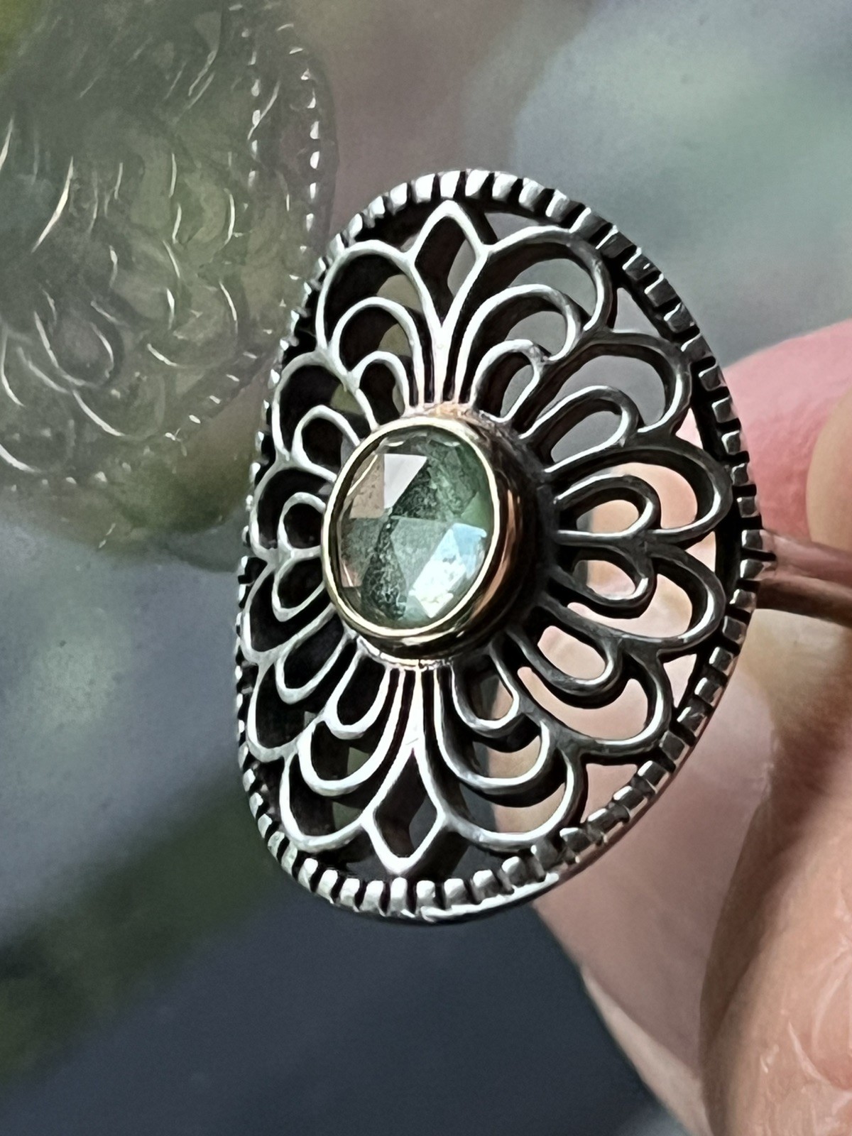 925 Sterling Silver Pandora Allure Green Quartz Filigree Cocktail Ring Size 7.5
