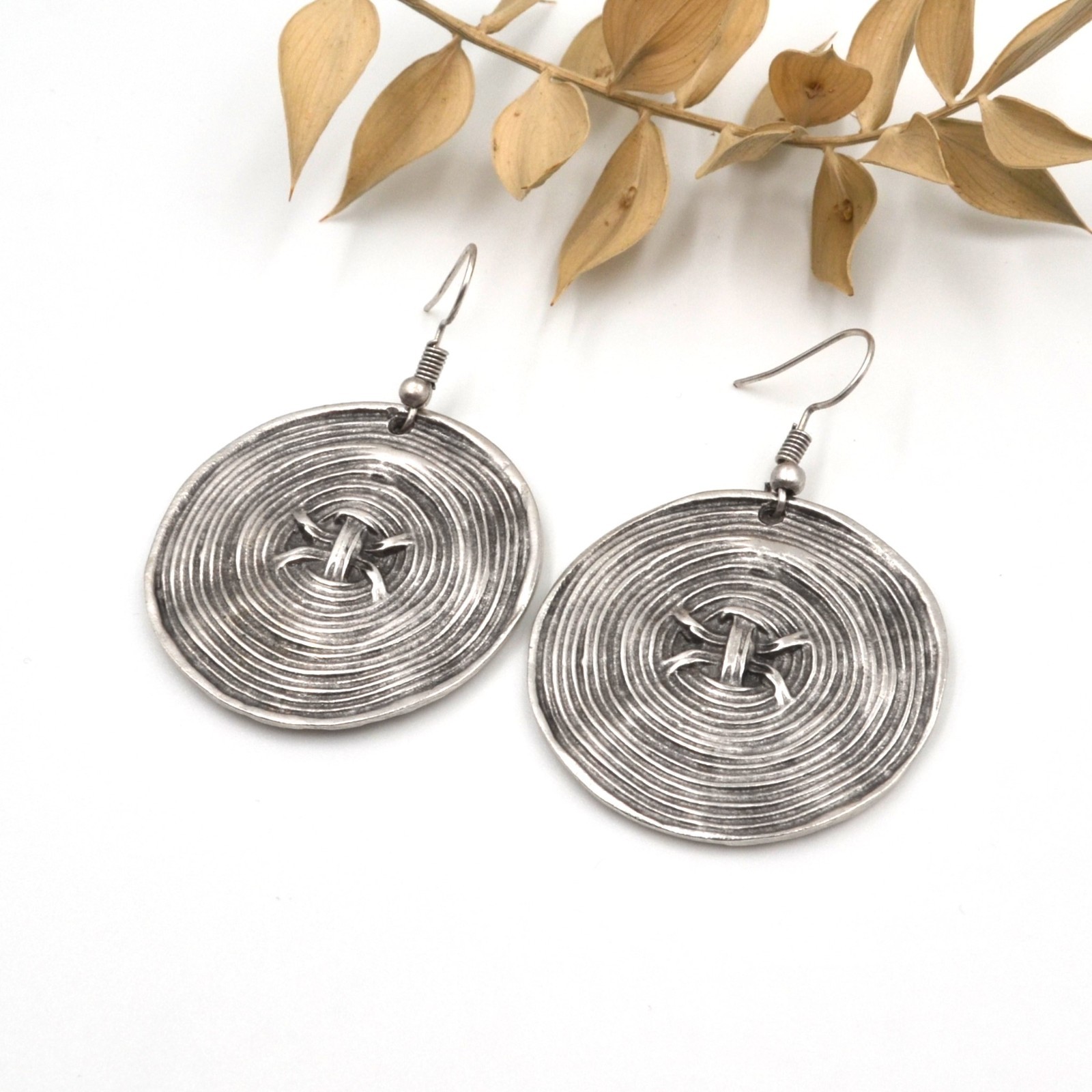 Boho Silver Spiral Disc Dangle Earrings Textured Round Statement Jewelry