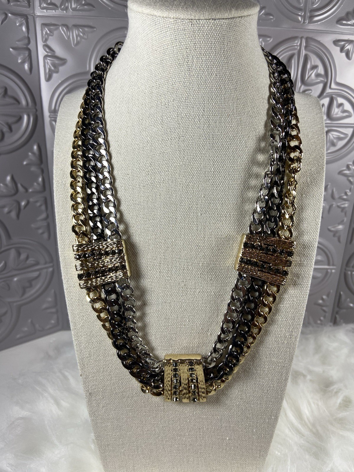 Black Gold Silver Rhinestone & Chain Necklace 16-20” Adjustable