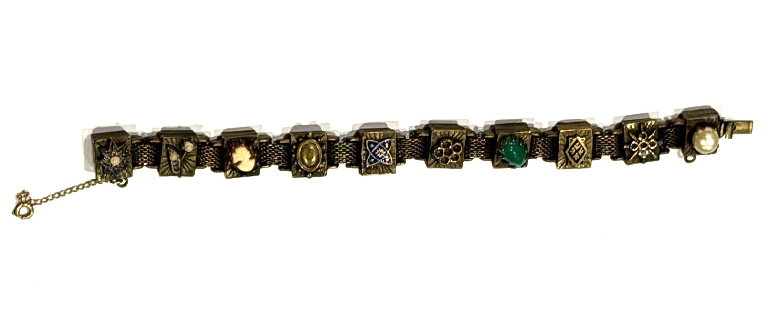 ESTRUSCAN SLIDE CHARM CAMEO FAUX PEARL GREEN MESH GOLD 7″ BRACELET SAFETY CLASP