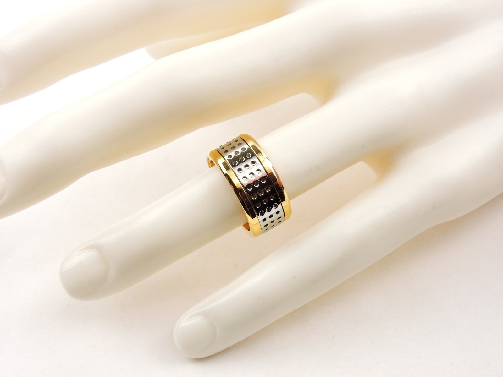 Stainless Steel 2 Tone Silver & Gold IP Textured Wide Band Spinner Ring