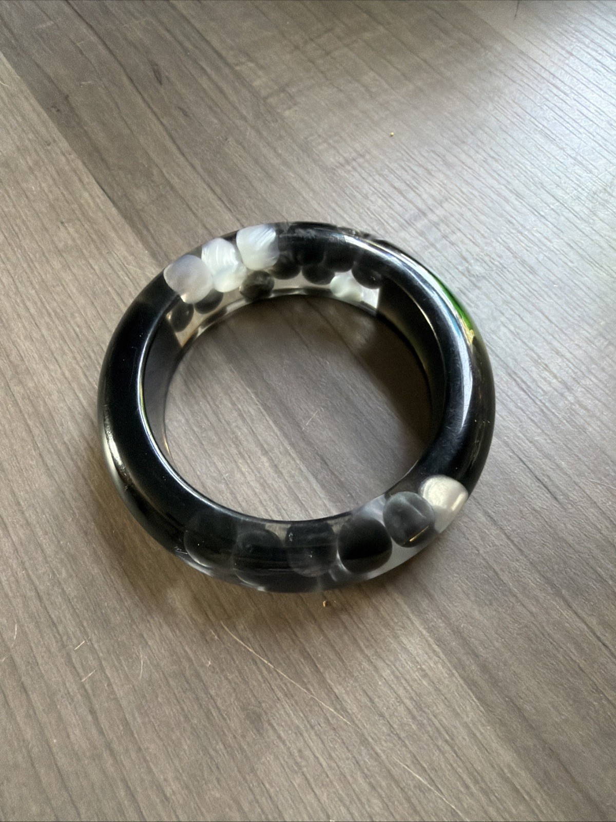 Lucite Black Clear Chunky Bangle Injected White Gray Polka Dot Boba Bubble