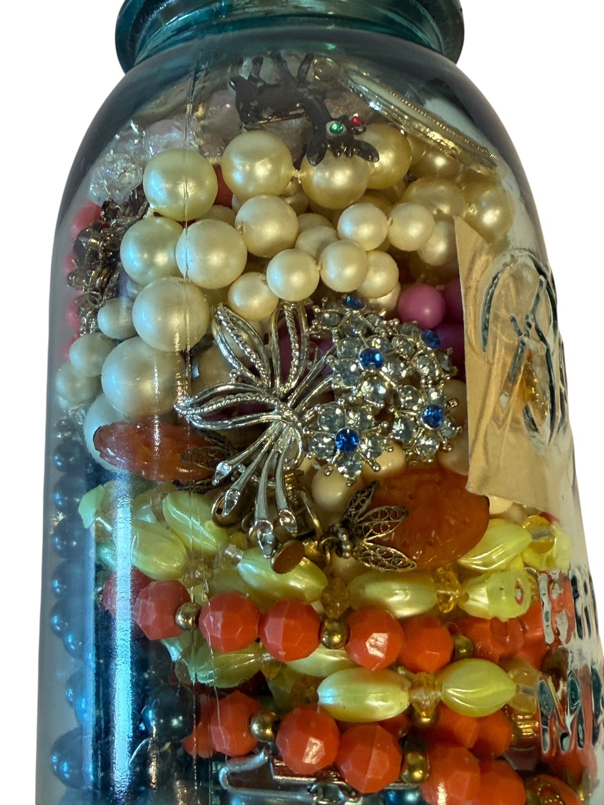 Large Mystery Jewelry Jar Dainty Delicate Pieces Gold Silver Finish Vintage EUC