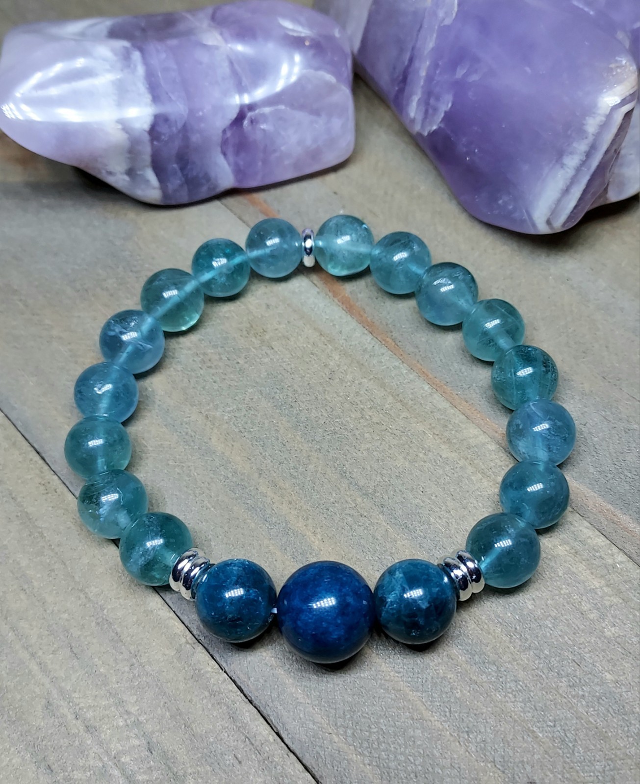 Blue Fluorite Bracelet With Blue Apatite, One Of A Kind Crystal Healing, 6.50″
