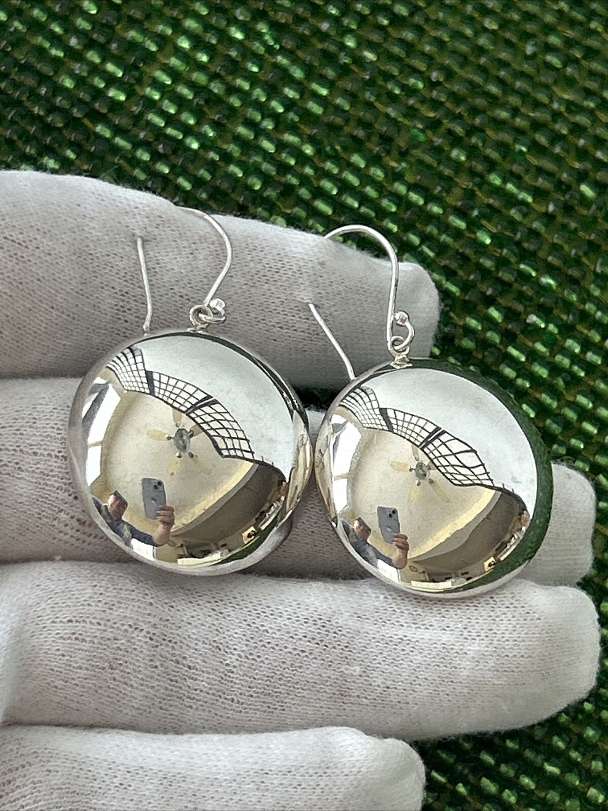 Vtg.Ster.Silver 925 Puffed Shiny Reflective Round Hollow Dome Earrings 17.95 g