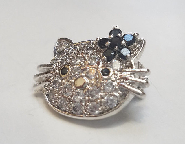 HELLO KITTY 925 GENUINE STERLING SILVER CZ ONYX LADIES DESIGNER BROOCH PIN NEW