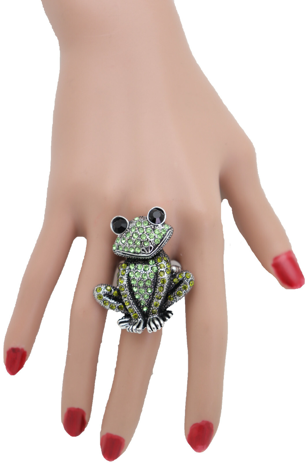 Women Silver Metal Ring Fashion Jewelry Elastic Band Green Frog Animal Luxurious